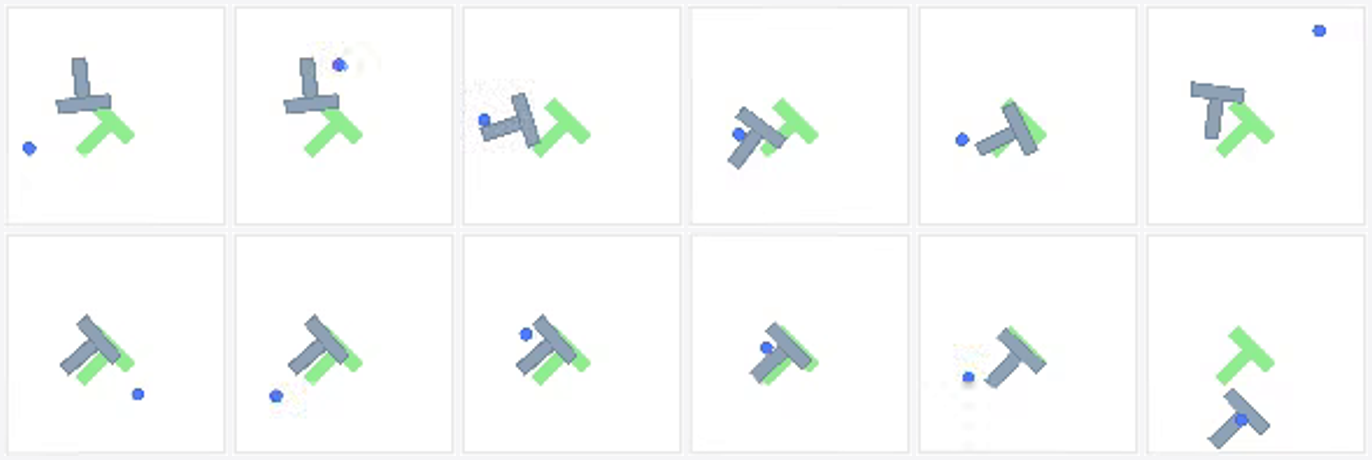 Two rows of six frames from lerobot/pusht. Top row is a typical episode; bottom row is the dataset's #1 visual-tail outlier.